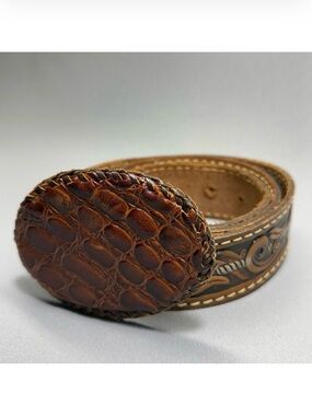 Vintage Men's Brown Genuine Tooled Stamped Leather Belt & Leather Buckle